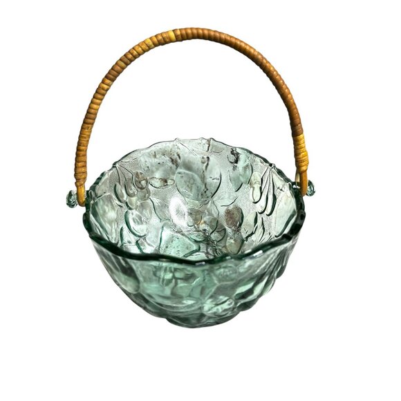 Vintage Libbey Orchard Fruit Green Tint Embossed Oval Bowl Basket - Picture 6 of 11